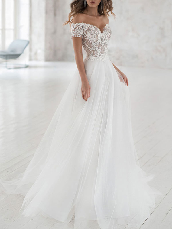 Abito da sposa semplice Tulle con spalle scoperte Maniche corte Pizzo A  Line Abiti da sposa - Milanoo.com