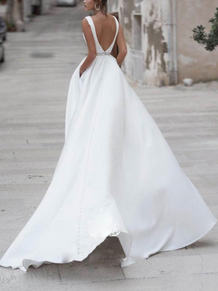 Wedding & Events Wedding Dresses | Simple Wedding Dress A Line V Neck Sleeveless Sash Floor Length Bridal Dresses With Train - U