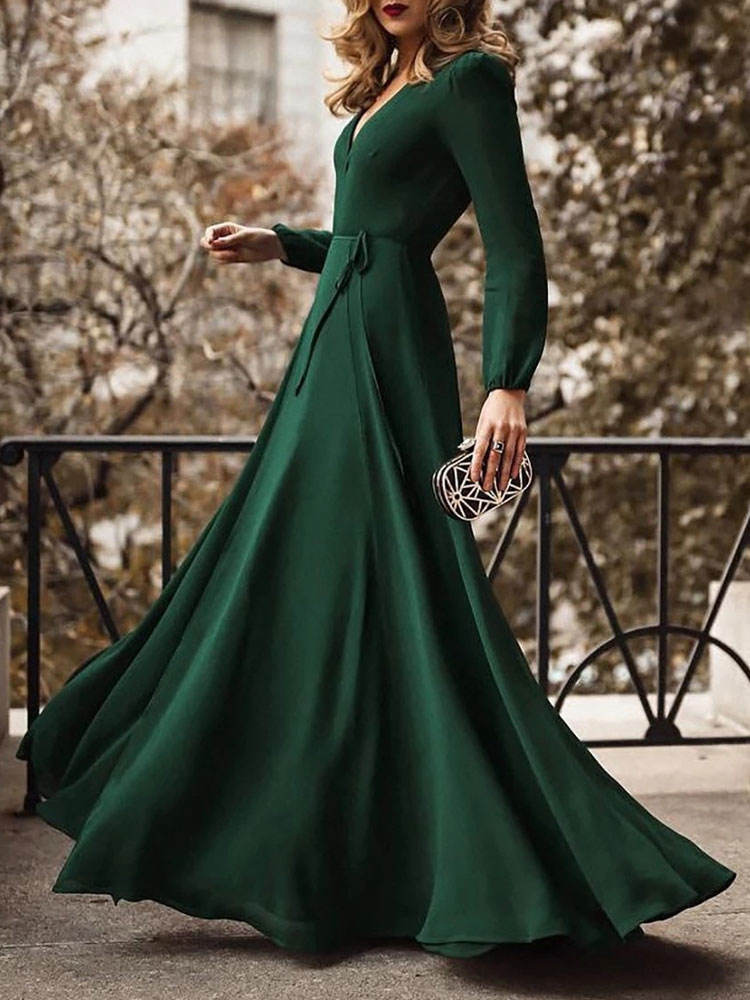 Moda Mujer Vestidos | Vestido largo verde oscuro Moda Mujer con manga larga de poliéster Vestidos Color liso con cuello en V sexy Otoño - HP80168
