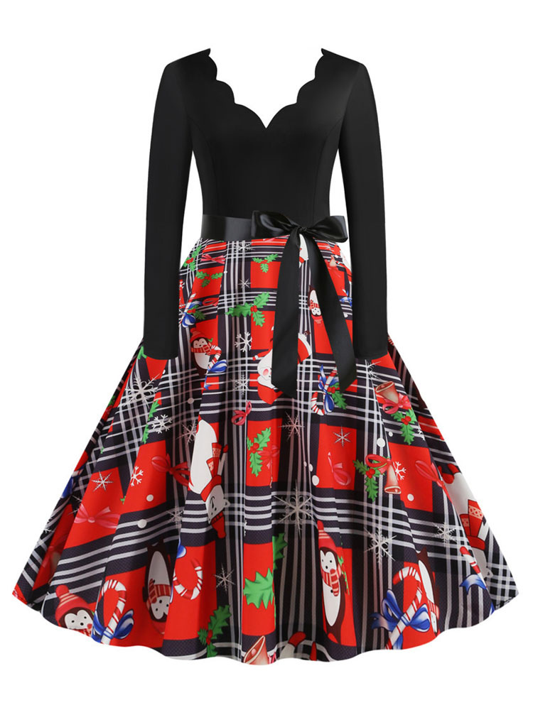 Robe vintage de Noël des années 1950 conçue décolleté manches longues femme modèle Rockabilly Dress