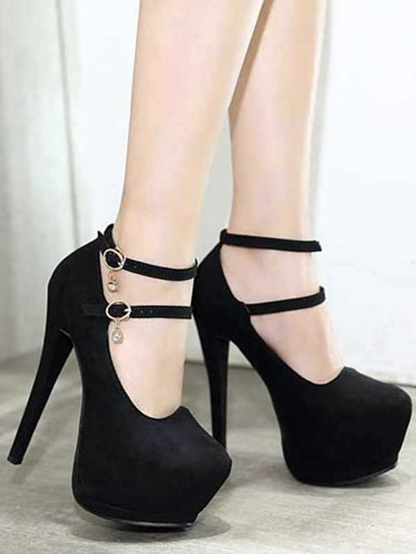 black round toe pumps with ankle strap