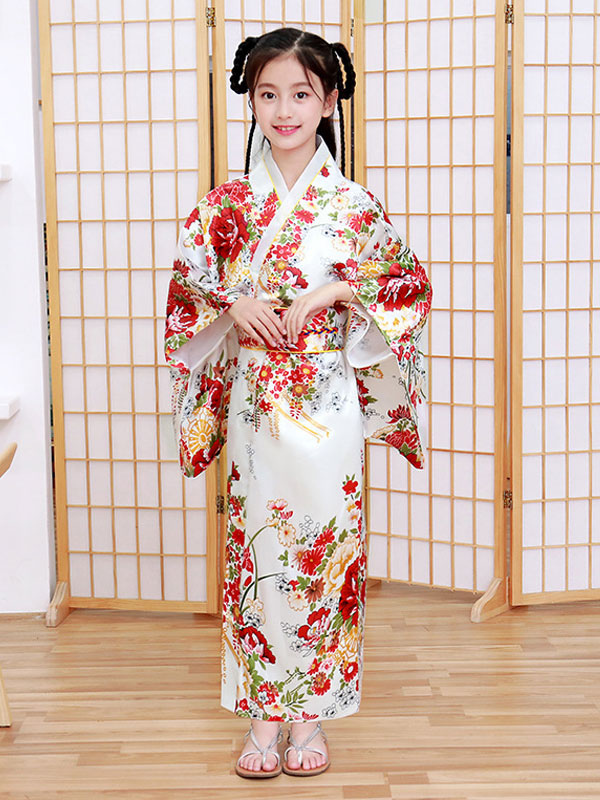 Japanes Costumes Kid's Kimono White Polyester Dress Oriental Set Holidays Costumes - Milanoo.com
