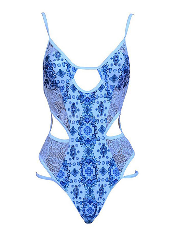 One Piece Swimsuits For Women Blue Printed Cut Out Straps Neck Sheer ...