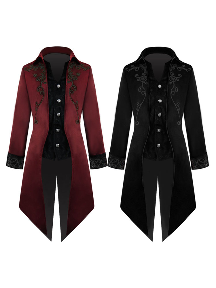 Black Vintage Coat Middle Ages Tuxedo Embroidered Velour Retro Costumes ...