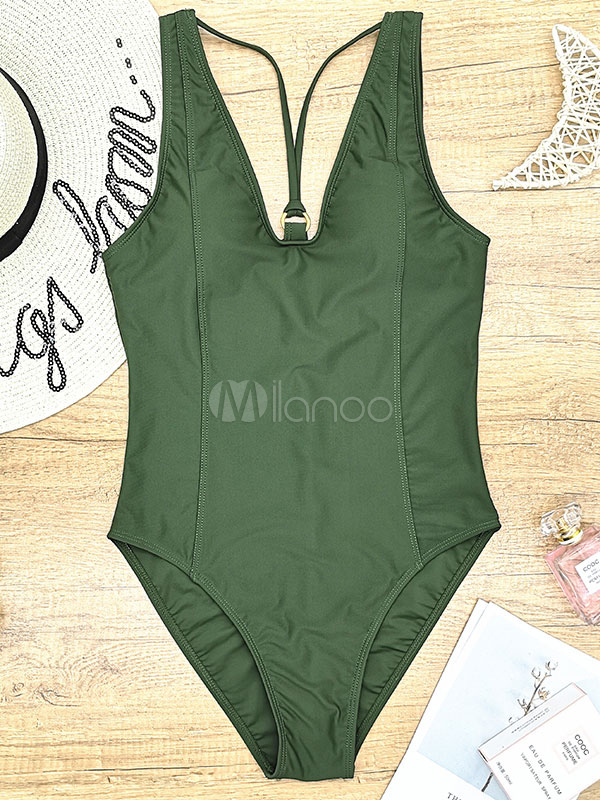 One Piece Swimsuits For Women Black Grommets Straps Neck Removable