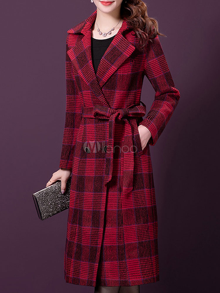 Manteau Pour Femme rouge col en V Manches longues Boutons ?� carreaux en couches classique 