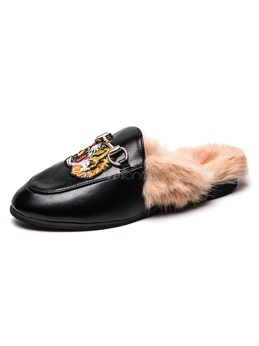 Mens Faux Fur Lined Mules Embroidered 
