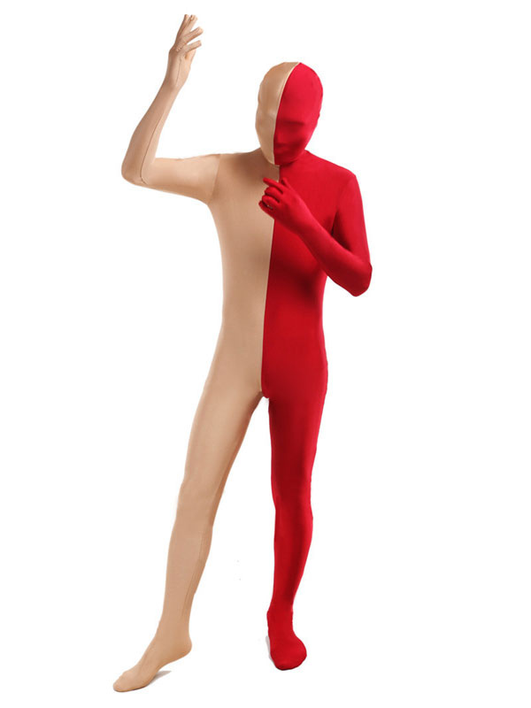 Costumes Costumes | Red and Fleshcolor Two Tone Zentai Suit Full Body Lycra Spandex Bodysuit - JJ73433