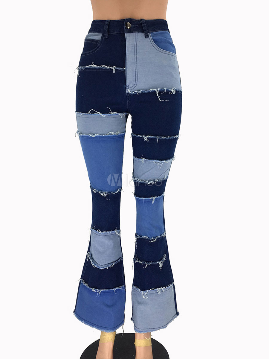 Woman Jeans Sexy Color Block Flared Denim - Milanoo.com