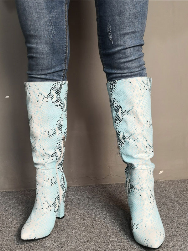 blue snakeskin thigh high boots