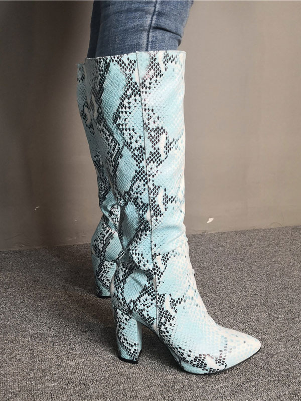 blue snakeskin thigh high boots