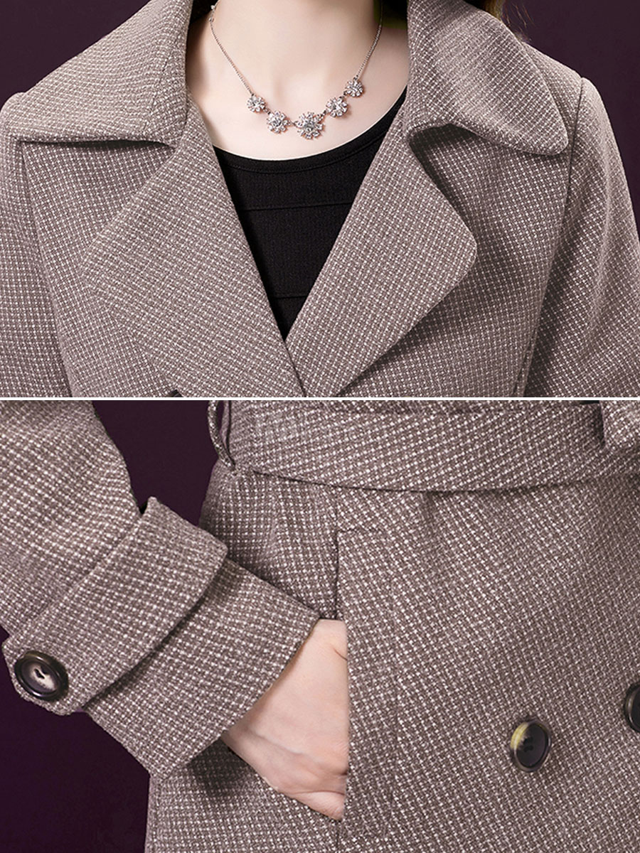Woman Coat V Neck Buttons Classic Layered Light Gray Wrap Coat
