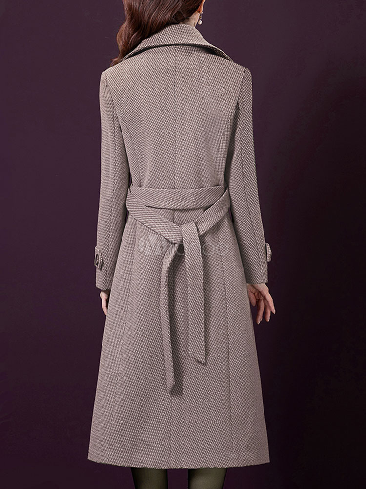 Woman Coat V Neck Buttons Classic Layered Light Gray Wrap Coat