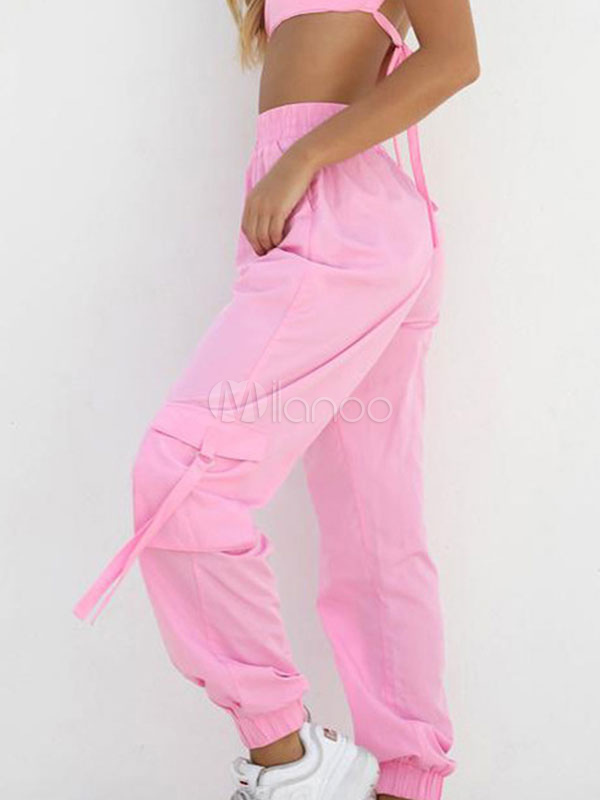 Pants Pink Pockets Nylon Layered Raised Waist Trousers - Milanoo.com