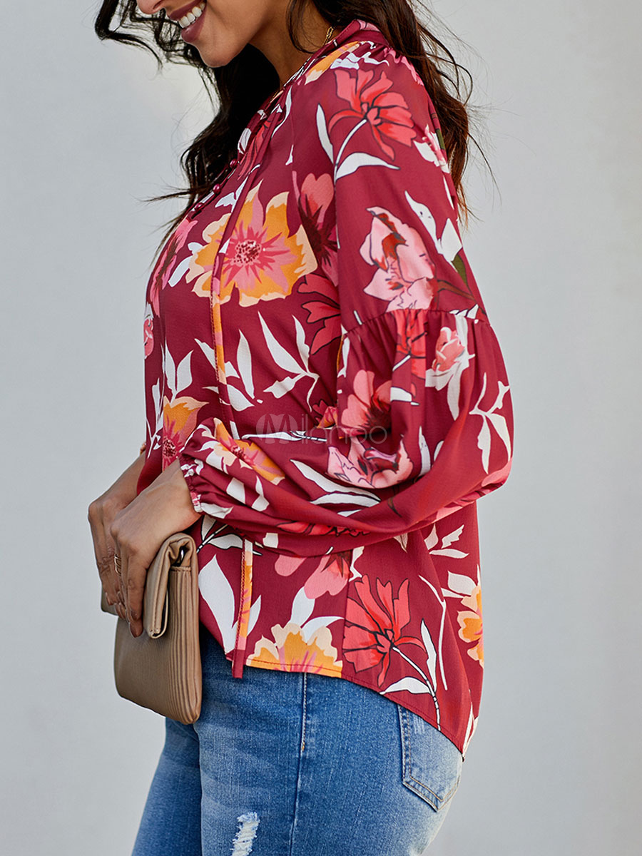 Floral Print Blouse Women Red V Neck Long Sleeves Tops 