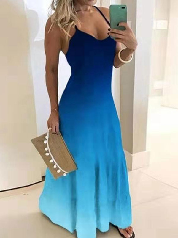 Women's Clothing Dresses | Maxi Dress Sleeveless Blue Two Tone Straps V Neck Polyester Floor Length Casual Long Warp Dress - MK14540