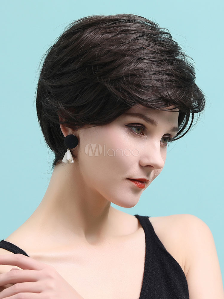 Human Hair Wigs For Women Short Straight Tousled Side Swept Bangs