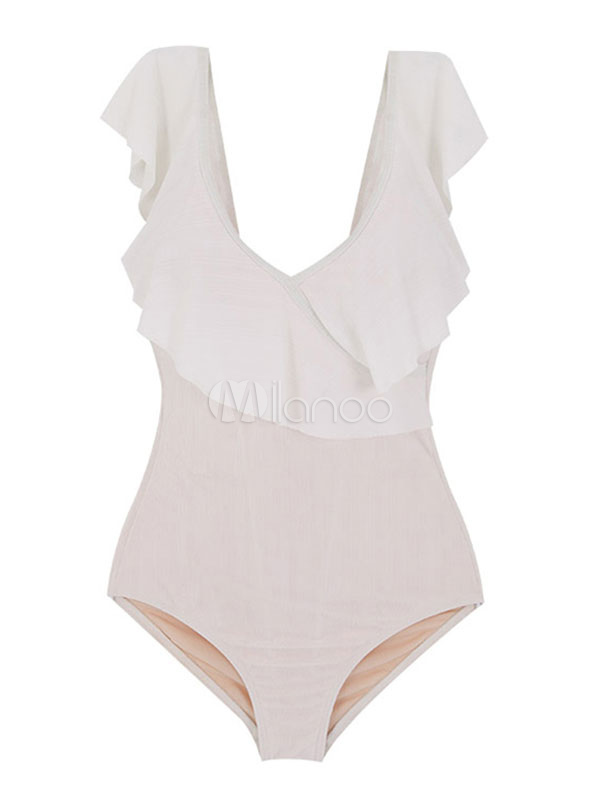Women One Piece Swimsuits White Ruffles V Neck Cupless Summer Beach