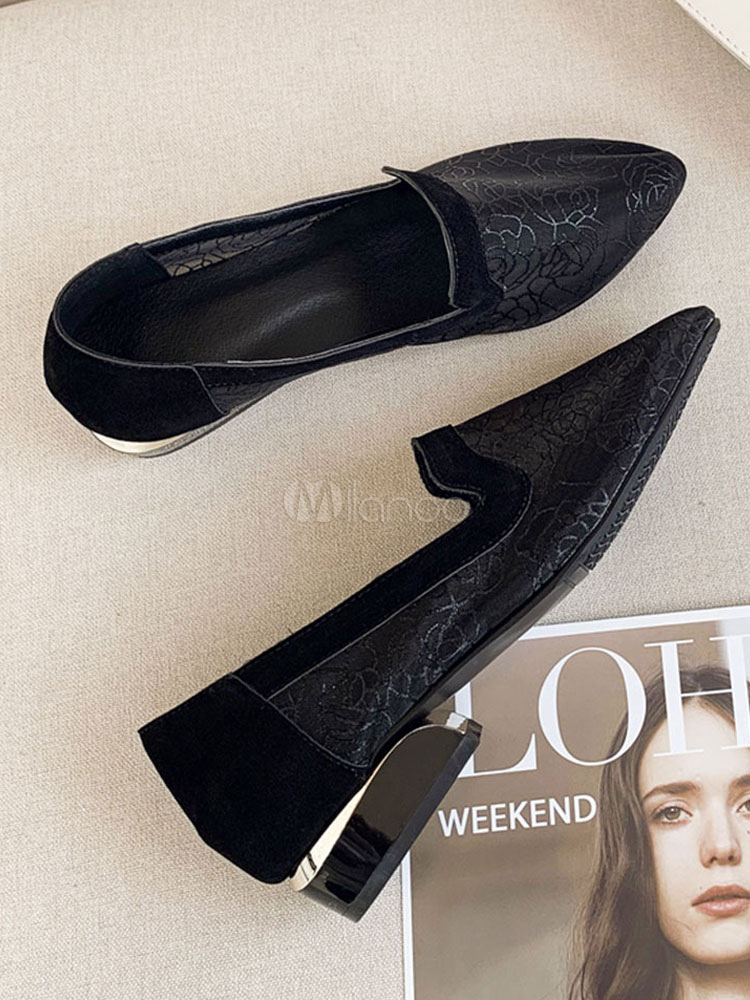 Black Women Mesh Loafers Pointed Toe Block Heel Sheer Summer Shoes ...