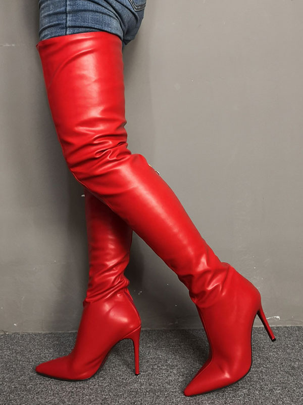 Thigh High Red Pointed Toe Stiletto Heel The Knee Boots - Milanoo.com