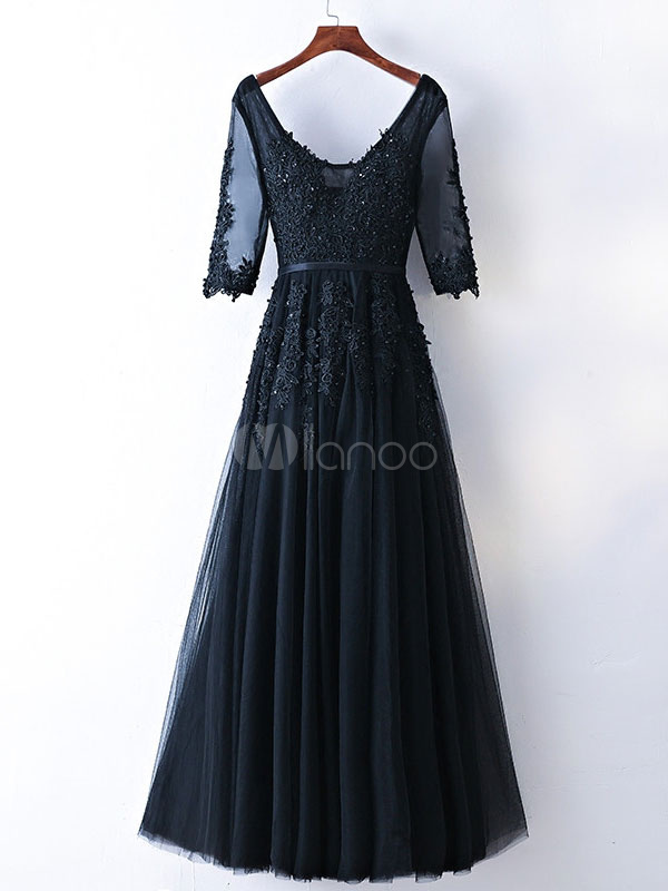 Prom Dress A Line V Neck Tulle Half Sleeves Floor Length Sash Party