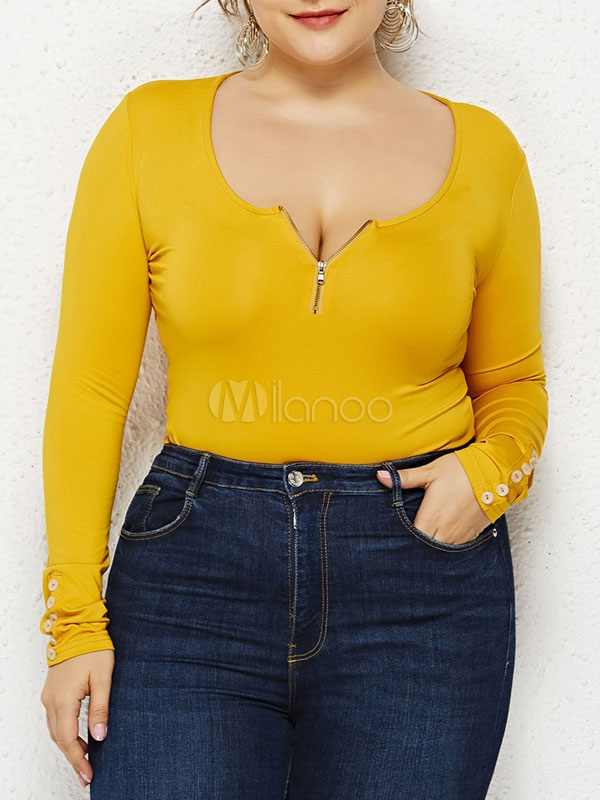 Plus Size Bodysuit For Women Yellow Half Zip Button Oversized Bodysuit