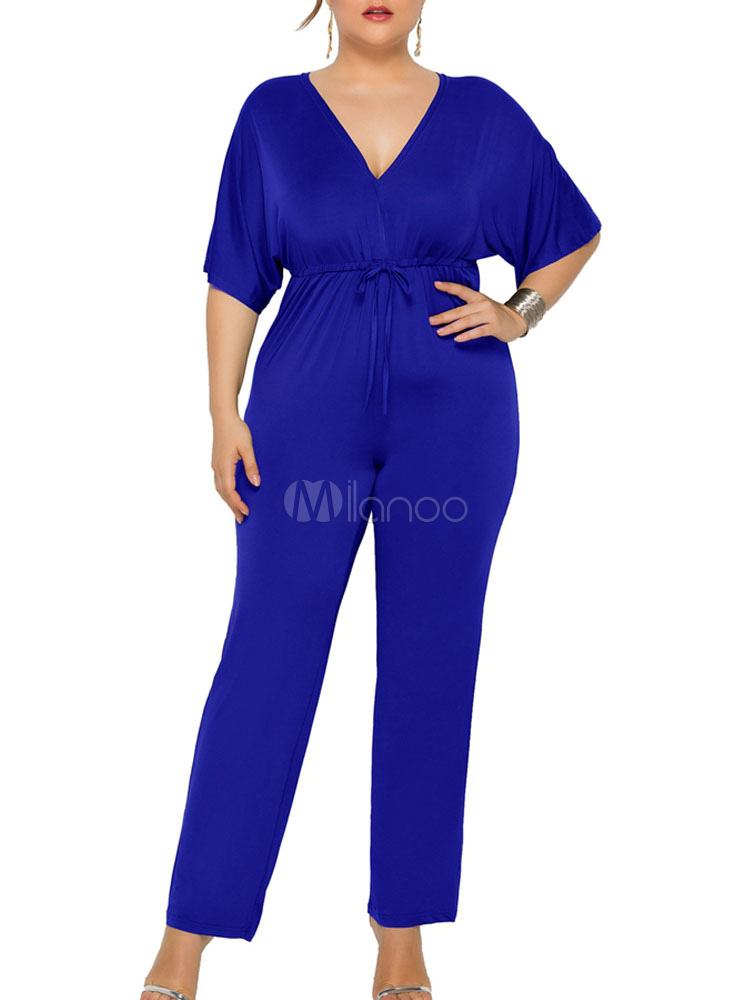 Plus Size Jumpsuit For Women Blue V Neck Jumpsuit - Milanoo.com