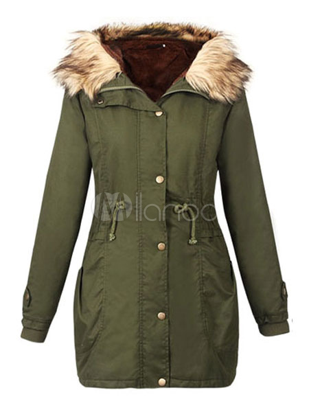 Women Parka Coat Faux Fur Collar Hunter Green Hooded Long Sleeve ...