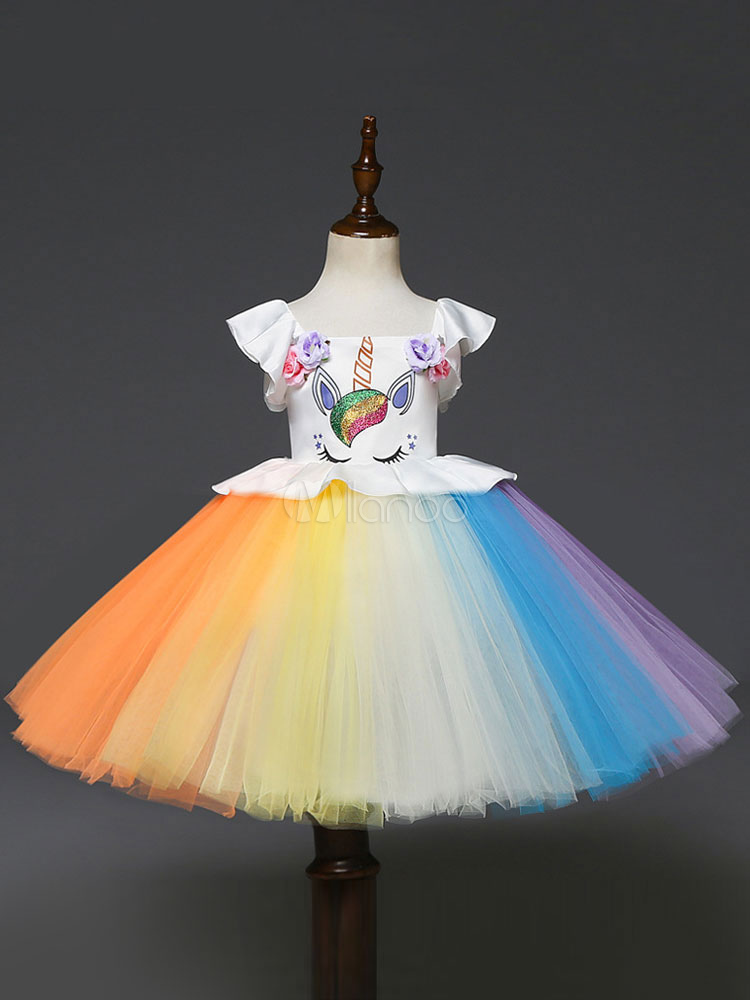 Flower Girl Dresses Rainbow Printed A Line Short Sleeve Ruffles Kids ...
