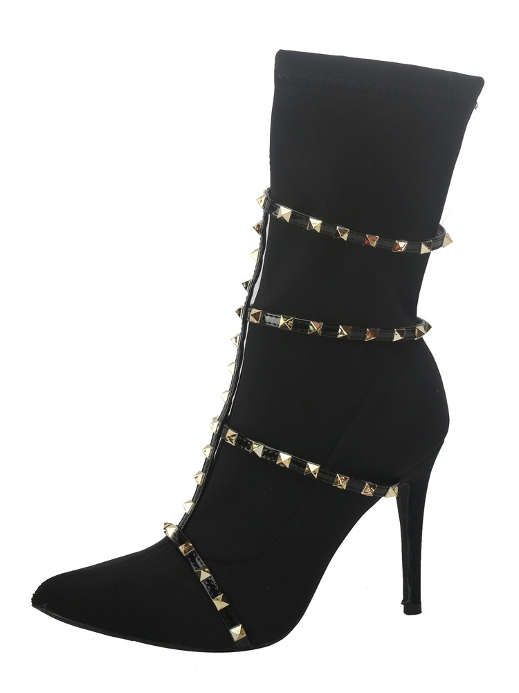 Red Ankle Boots High Heel Booties Pointed Toe Rivets Strappy Stretch ...