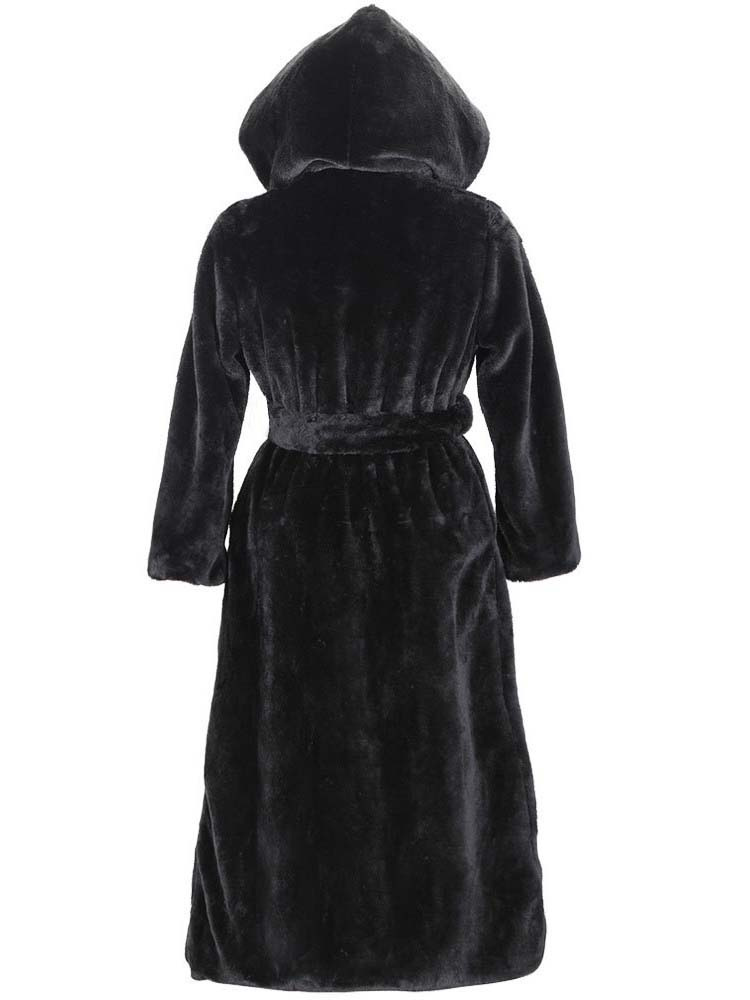 Faux Fur Coat Women Black Hooded Long Sleeve Belt Winter Coat - Milanoo.com