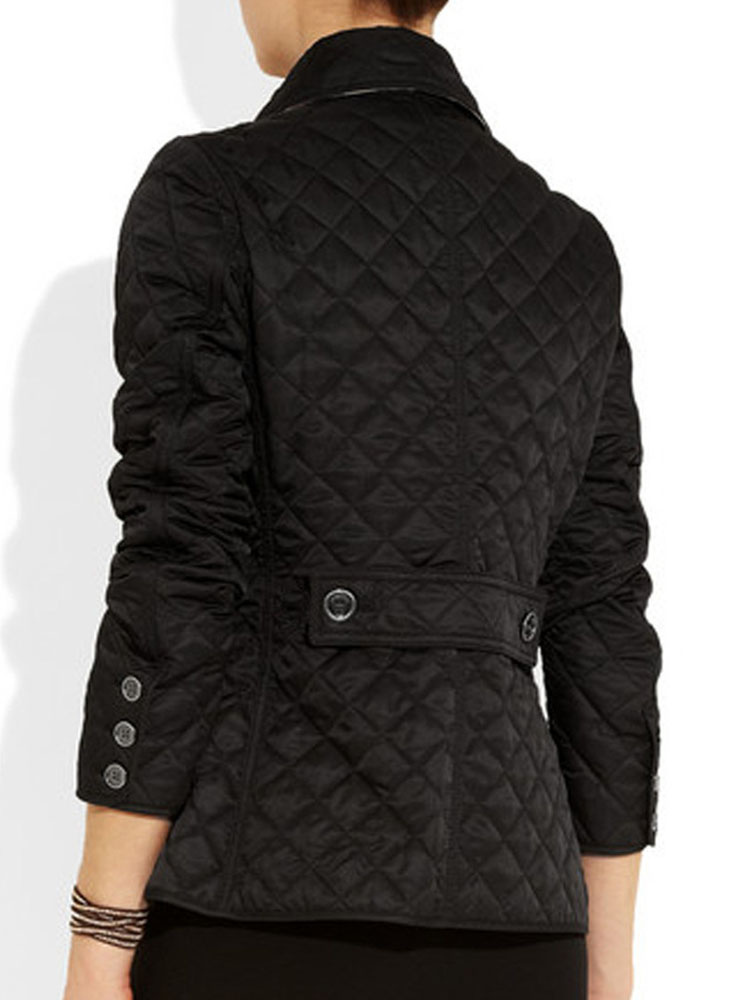 Women Quilted Jacket Black Button Long Sleeve Turndown Collar Padded ...