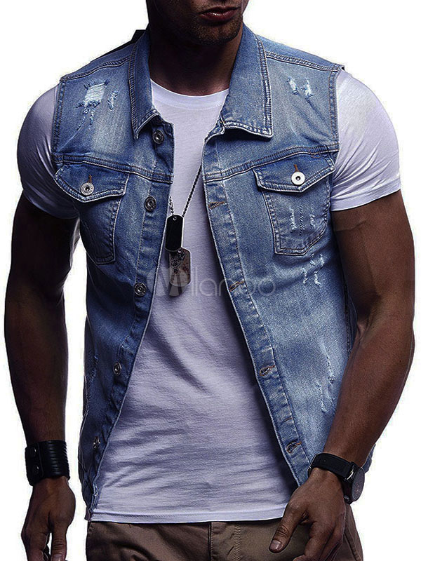 Giacca Denim Da Uomo 2022 Smanicato Tasca Frontale Grattata Antigraffio  Gilet Denim Da Uomo - Milanoo.com