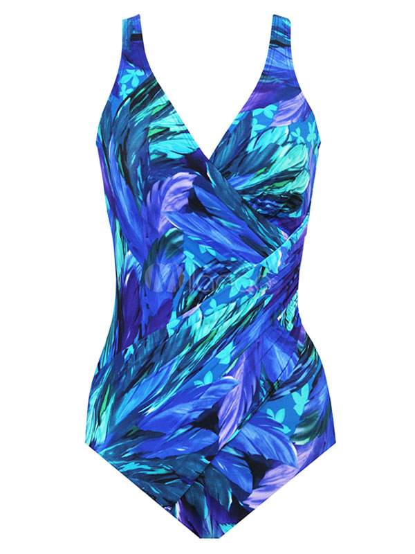 Maillot de bain une pièce imprimé bleu à bretelles grande taille
