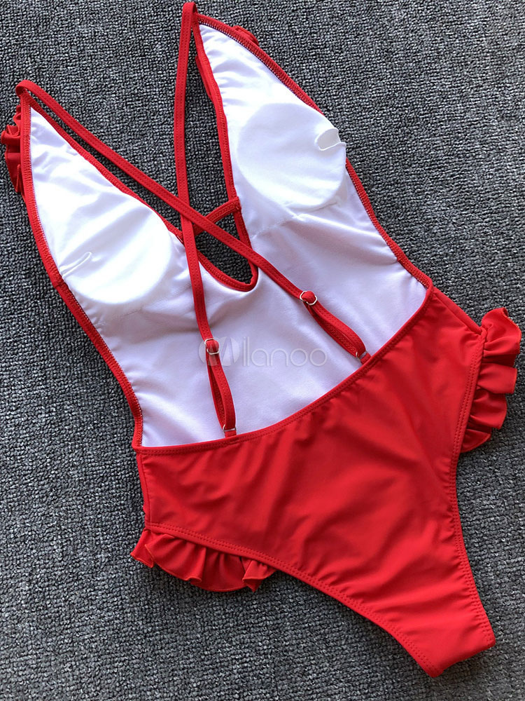 One Piece Swimsuit Red Ruffles Plunging Beach Bathing Suit - Milanoo.com