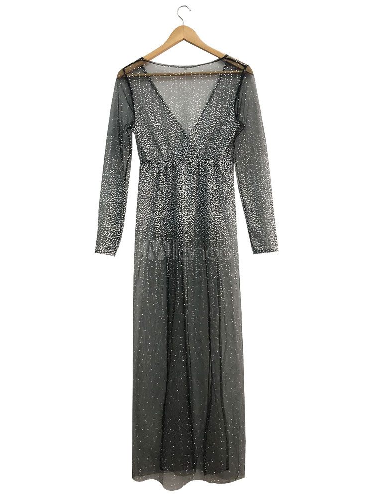 Black Maxi Dress Glitter Sheer Bodysuit Dress Plunging Long Sleeve