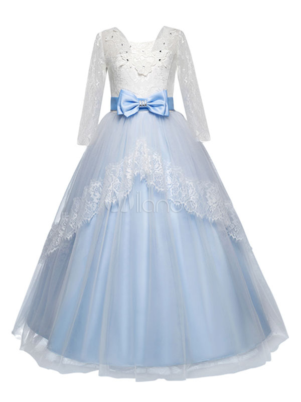 Princess Flower Girl Dresses Baby Blue Lace Bow Sash Rhinestones Floor ...