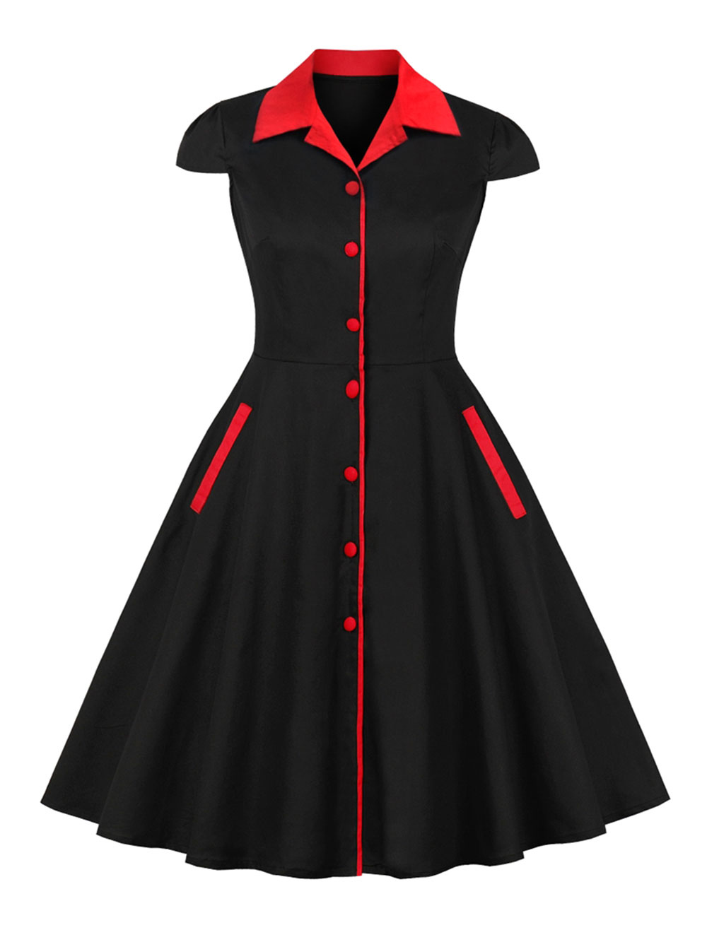 Moda Mujer Vestidos | Vestido vintage negro, años 1950, manga corta, cuello redondo, vestido de dos tonos con columpio - GM58398