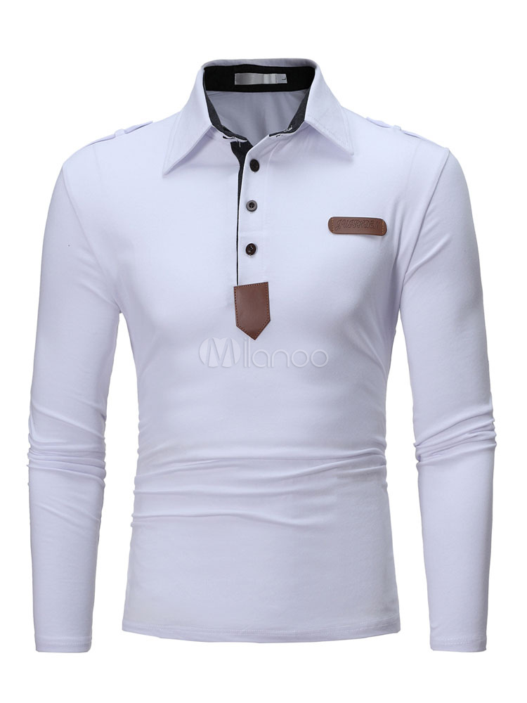 Black Polo Shirt Turndown Collar Patch Cotton Top Regular Fit Long ...