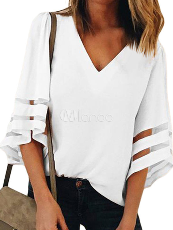 Chemise Femme 2022 Blanc Polyester Col V Semi-transparent Sexy Tops Manches  Longues - Milanoo.com