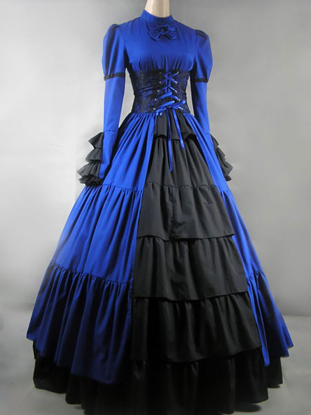 Victorian Dress Costume Women's Black Satin Ruffle Long Sleeves ...