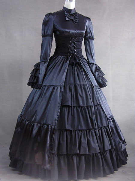 Victorian Dress Costume Women's Black Satin Ruffle Long Sleeves ...