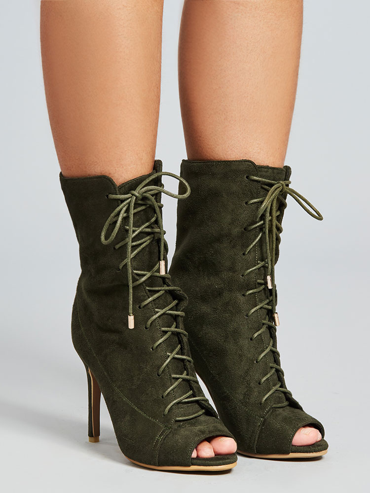Women Ankle Boots Olive Peep Toe Lace Up Booties High Heel Sandal ...