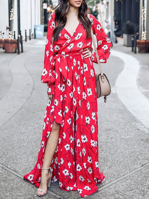 Red Maxi Dress Women Floral Tea Dress V Neck Long Sleeve Chiffon Split ...