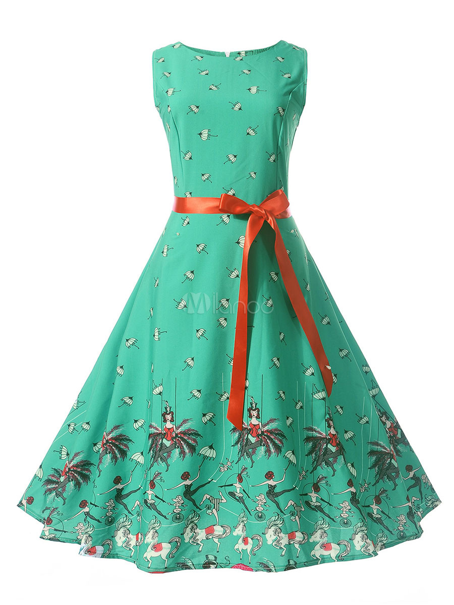 Green Vintage Dress Round Neck Sleeveless Floral Print Women's Summer