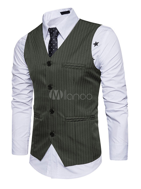 Black Suit Vest Men V Neck Striped Regular Fit Business Casual Waistcoat
