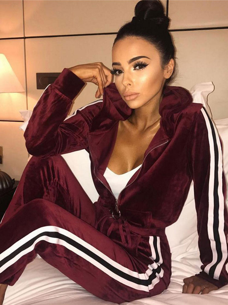 2 Piece Tracksuit Set Velour Women Hooded Long Sleeve Jacket With ...