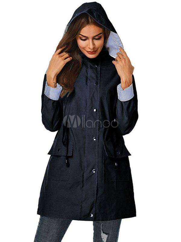 Hooded Trench Coat Full Zip Drawstring Women Rain Coat With Pockets ...