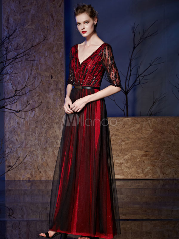 Sequin Evening Dress Tulle A-line Floor-length Half Sleeves V-neck ...