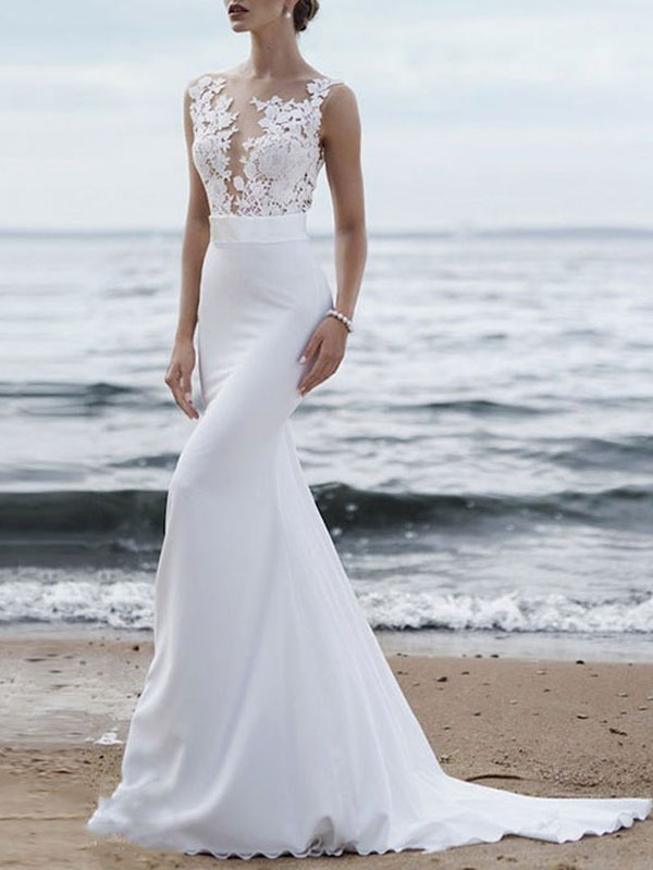 Wedding Dress 2020 Jewel Neck Sleeveless Mermaid Beach Wedding Bridal Gowns With Sweep Train